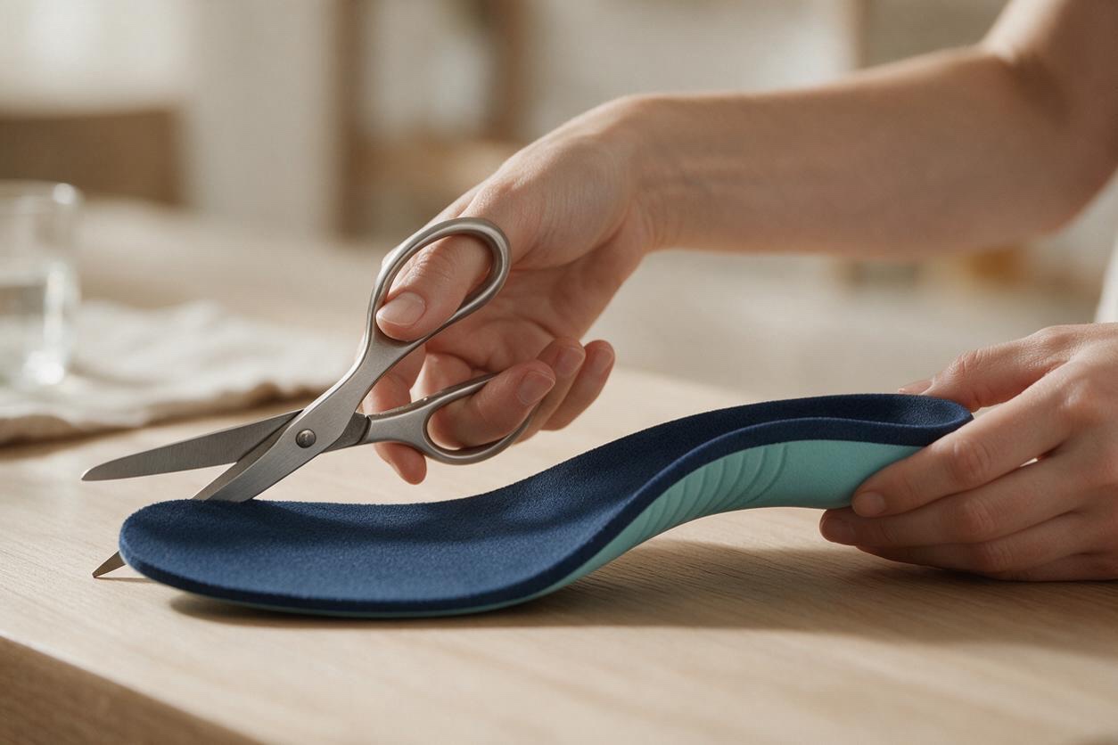 Découpe de l'avant de la semelle avec une paire de ciseaux sur une table en bois