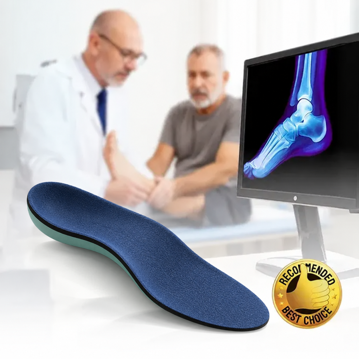 Illustration d'une semelle, d'un examen du pied et d'une imagerie de la cheville